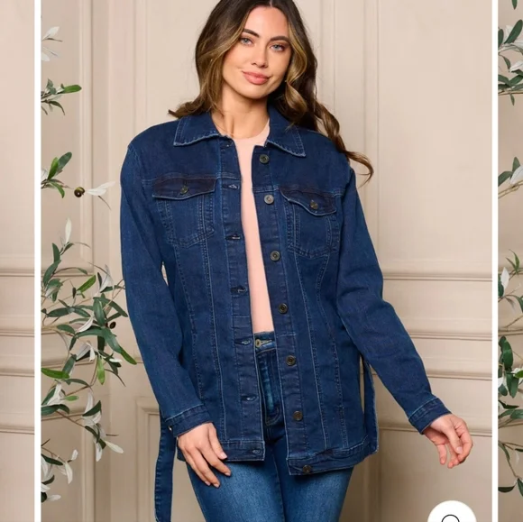 🌷WOMEN'S LONG SLEEVE BUTTON CLOSURE SELF TIE DENIM  SJACKET - Picture 2 of 3